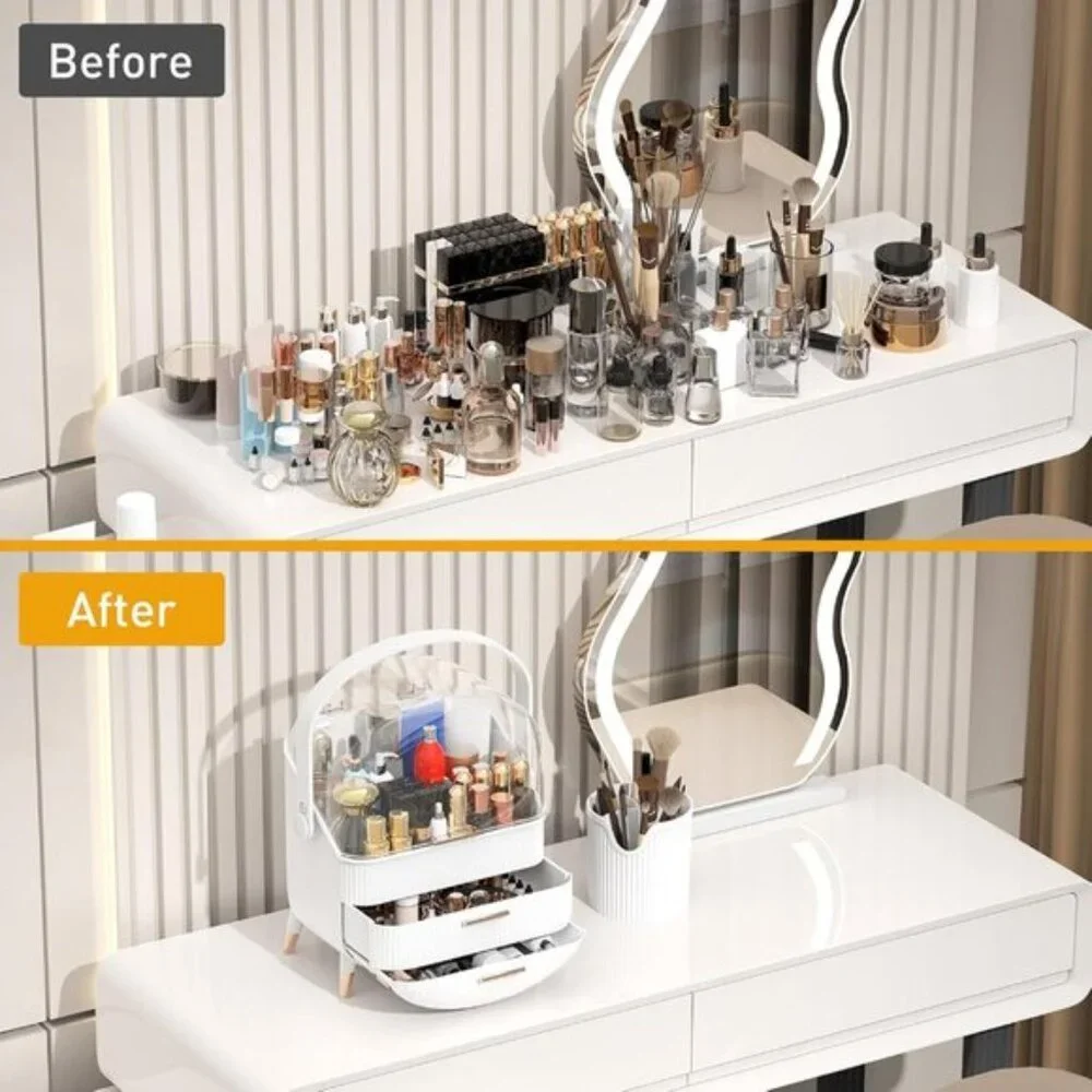 Makeup Organizer with Transparent Lid & 2 Drawers, Large Cosmetic Storage Box